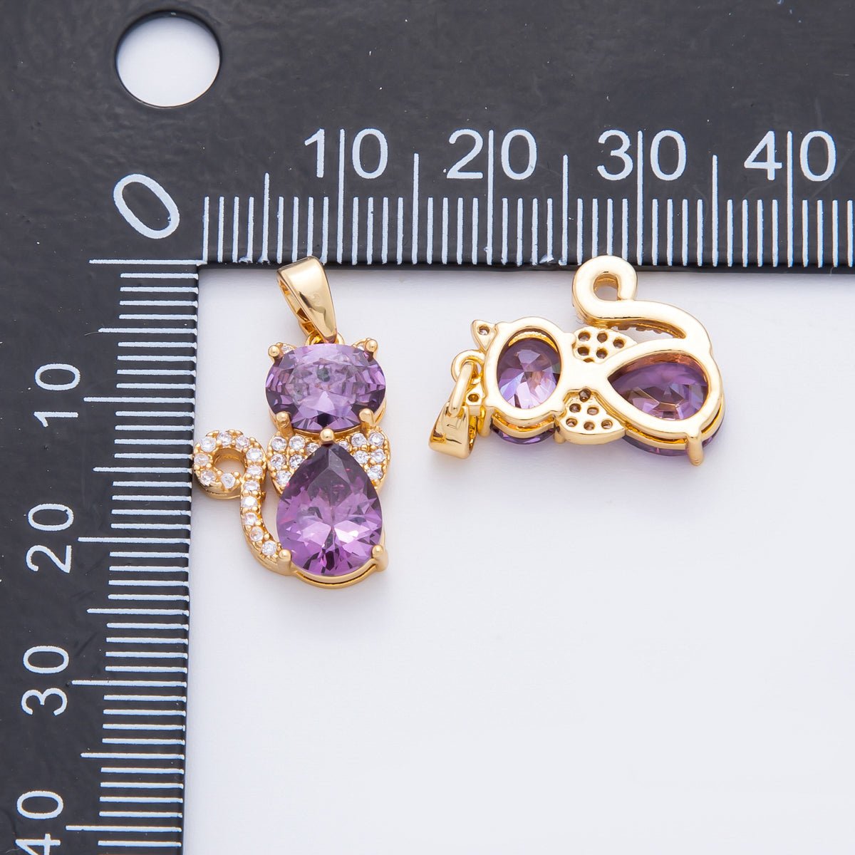 18K Gold Filled 23mm Pink & Purple CZ Cat Figure Animals Pendant | AF - A1122 - DLUXCA