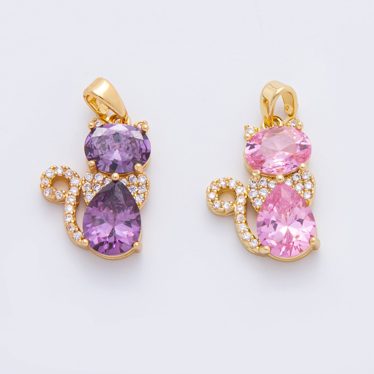 18K Gold Filled 23mm Pink & Purple CZ Cat Figure Animals Pendant | AF - A1122 - DLUXCA