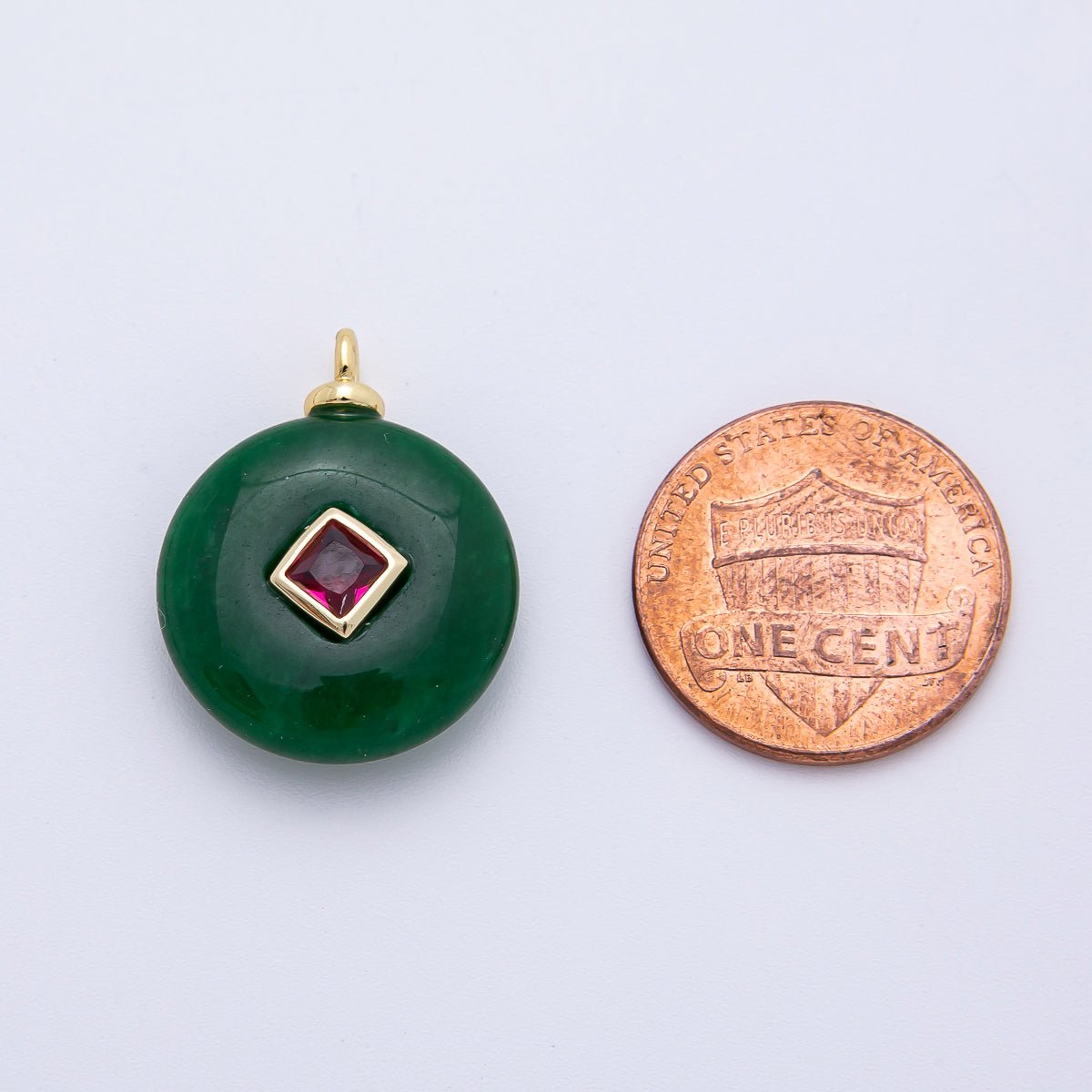 18K Gold Filled 23mm Red CZ Rhombus Centerpoint Round Malaysian Jade Gemstone Drop Charm | AF1336 - DLUXCA