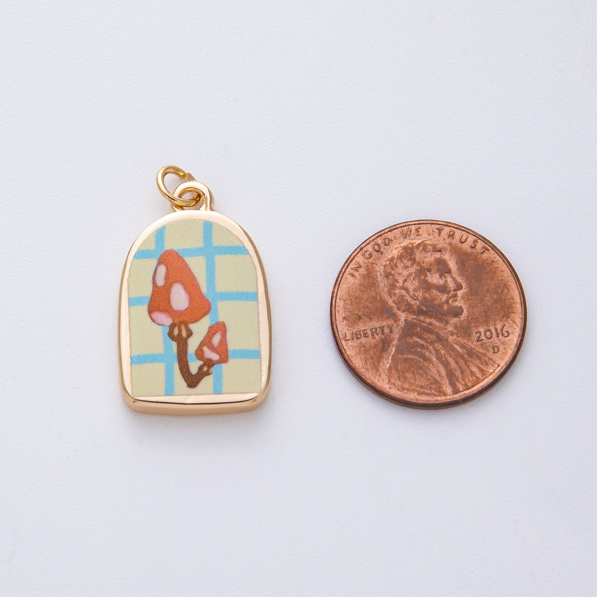 18K Gold Filled 23mm Red Mushroom Yellow Gingham Charm | AJ522 - DLUXCA