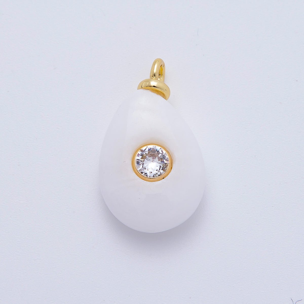 18K Gold Filled 23mm Round CZ Centerpoint Baroque White Jade Gemstone Drop Charm | AF1322 - DLUXCA