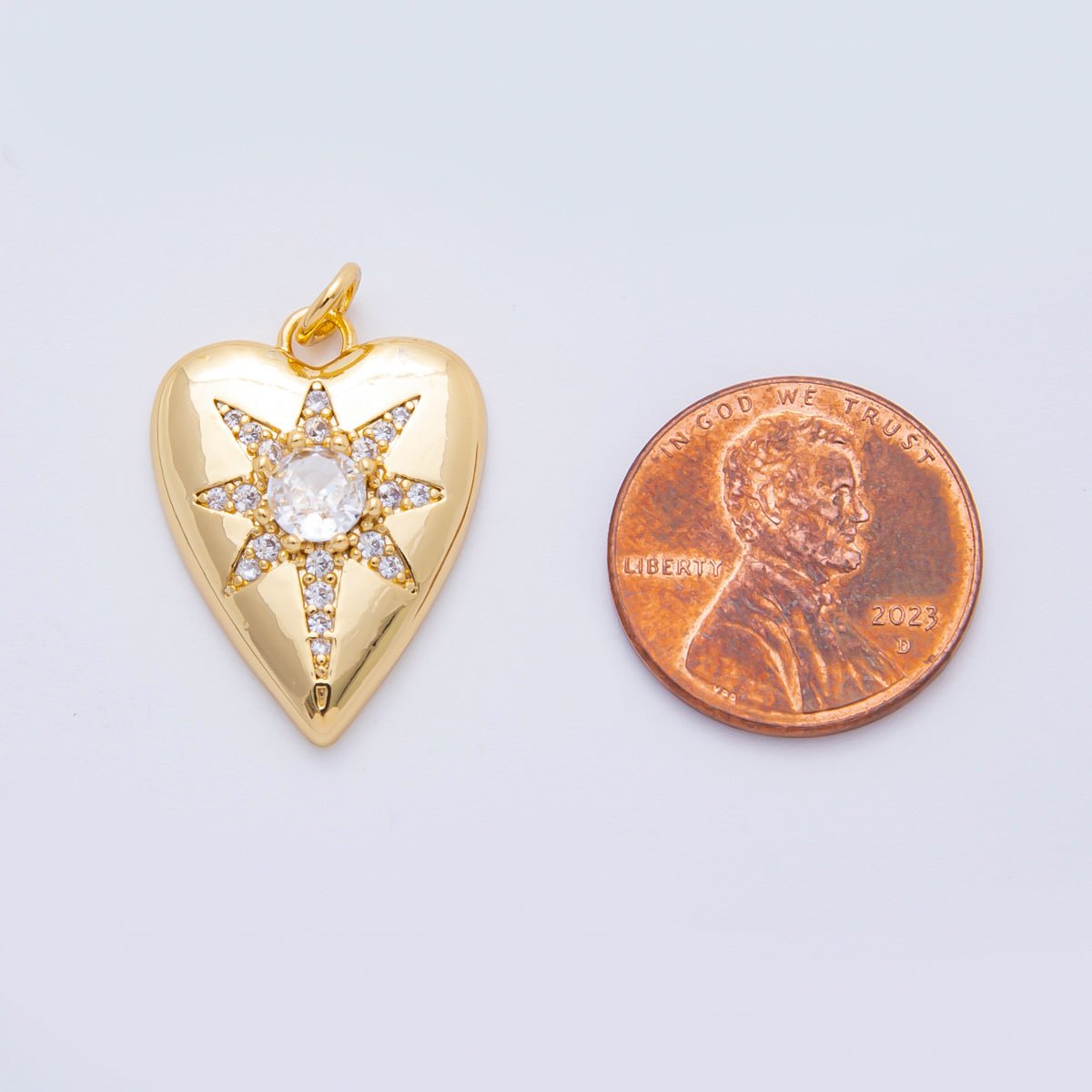 18K Gold Filled 23mm Round CZ Micro Paved Celestial North Star Heart Charm | AF1315 - DLUXCA