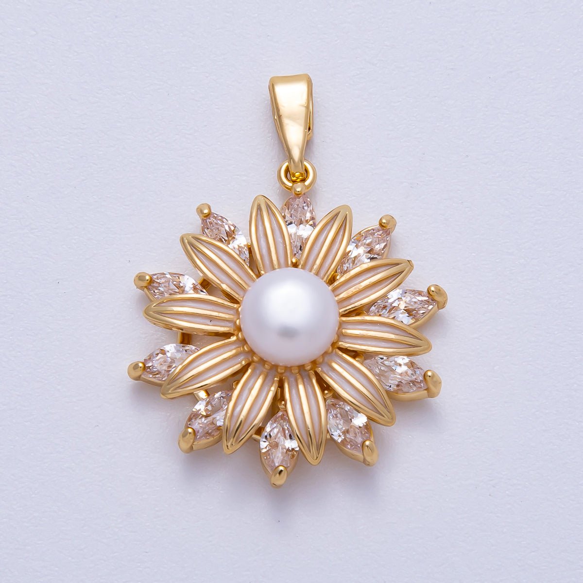 18K Gold Filled 23mm Shell Pearl Marquise CZ Blooming Flower Pendant | Charms - 00639 - DLUXCA
