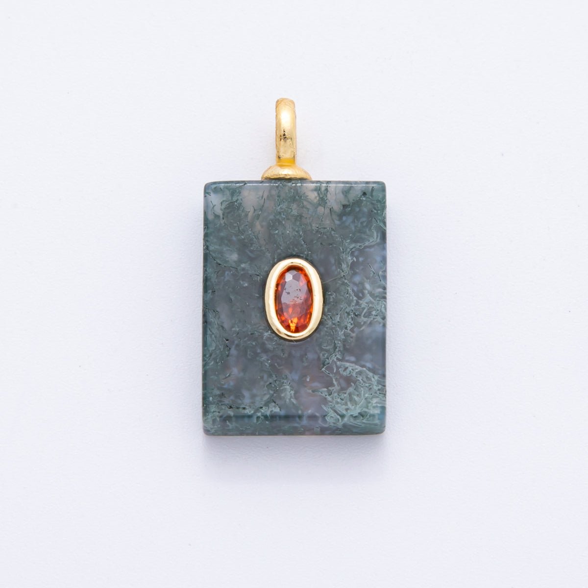 18K Gold Filled 24.5mm Red, Clear, Pink CZ Moss Agate Rectangle Tag Pendant | N839 N853 - DLUXCA