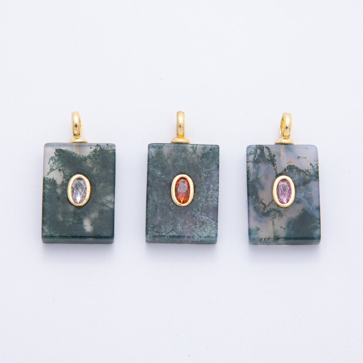 18K Gold Filled 24.5mm Red, Clear, Pink CZ Moss Agate Rectangle Tag Pendant | N839 N853 - DLUXCA