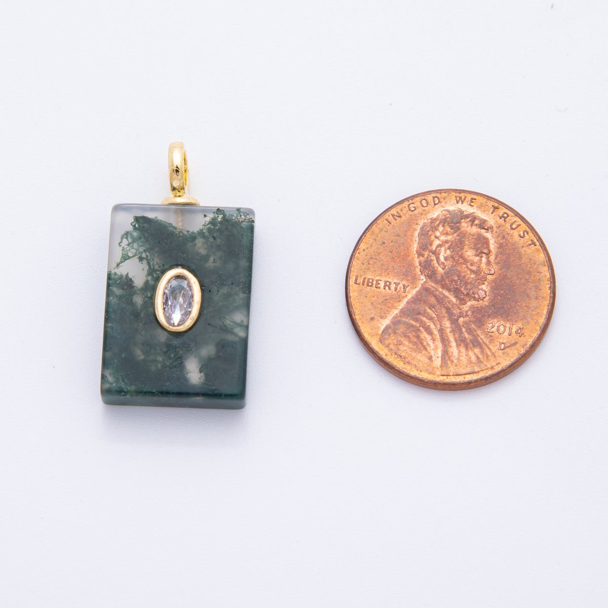 18K Gold Filled 24.5mm Red, Clear, Pink CZ Moss Agate Rectangle Tag Pendant | N839 N853 - DLUXCA
