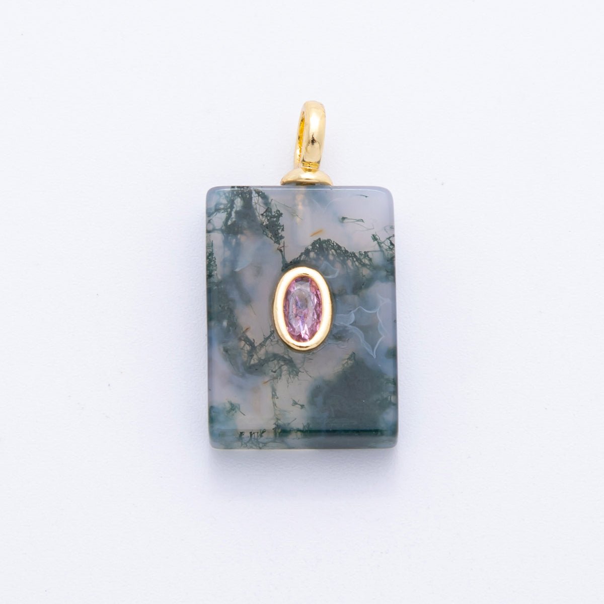 18K Gold Filled 24.5mm Red, Clear, Pink CZ Moss Agate Rectangle Tag Pendant | N839 N853 - DLUXCA