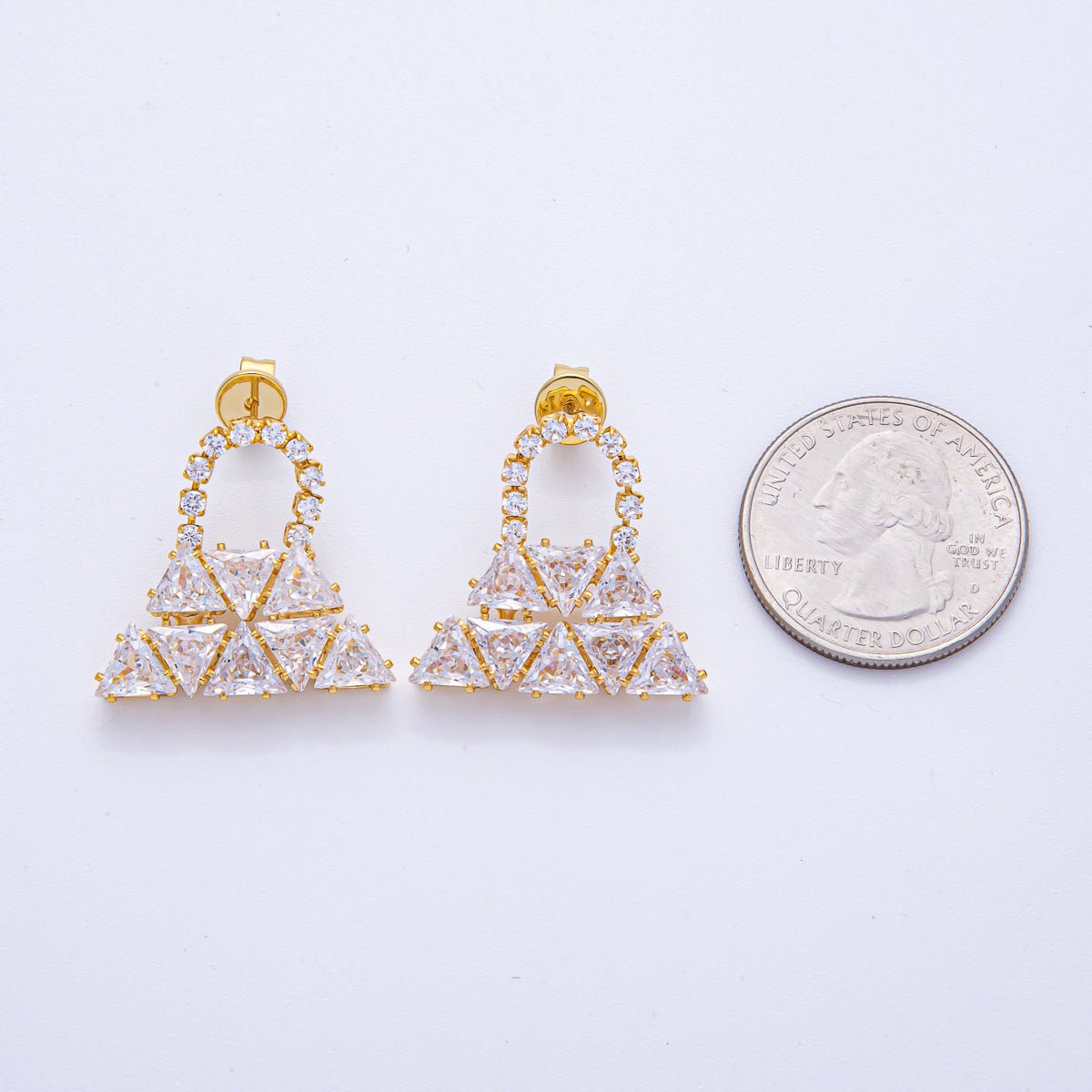 18K Gold Filled 24mm Clear CZ Bag Triangle Geometric Drop Stud Earrings | AD1672 - DLUXCA