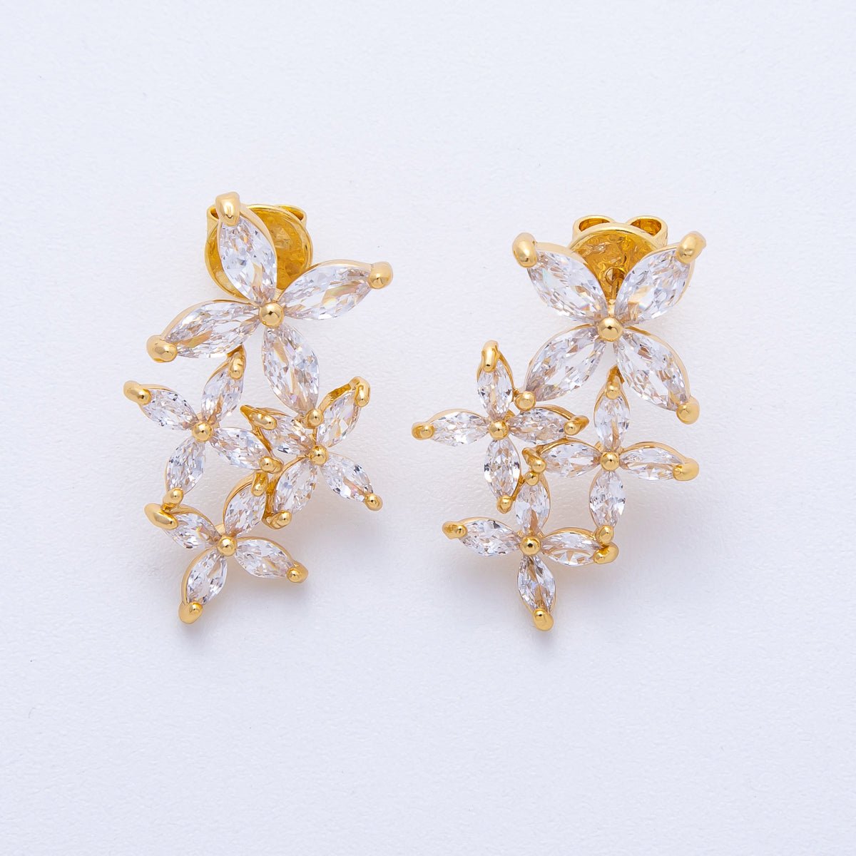 18K Gold Filled 24mm Clear CZ Flower Drop Stud Earrings | Earrings - 00123 - DLUXCA