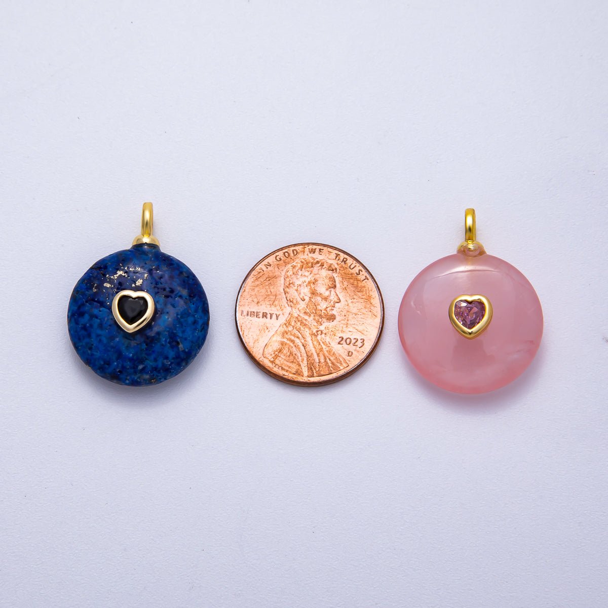 18K Gold Filled 24mm Heart CZ Embedded Natural Gemstone Round Pendant | Charms - 00533 ~ Charms - 00537 - DLUXCA