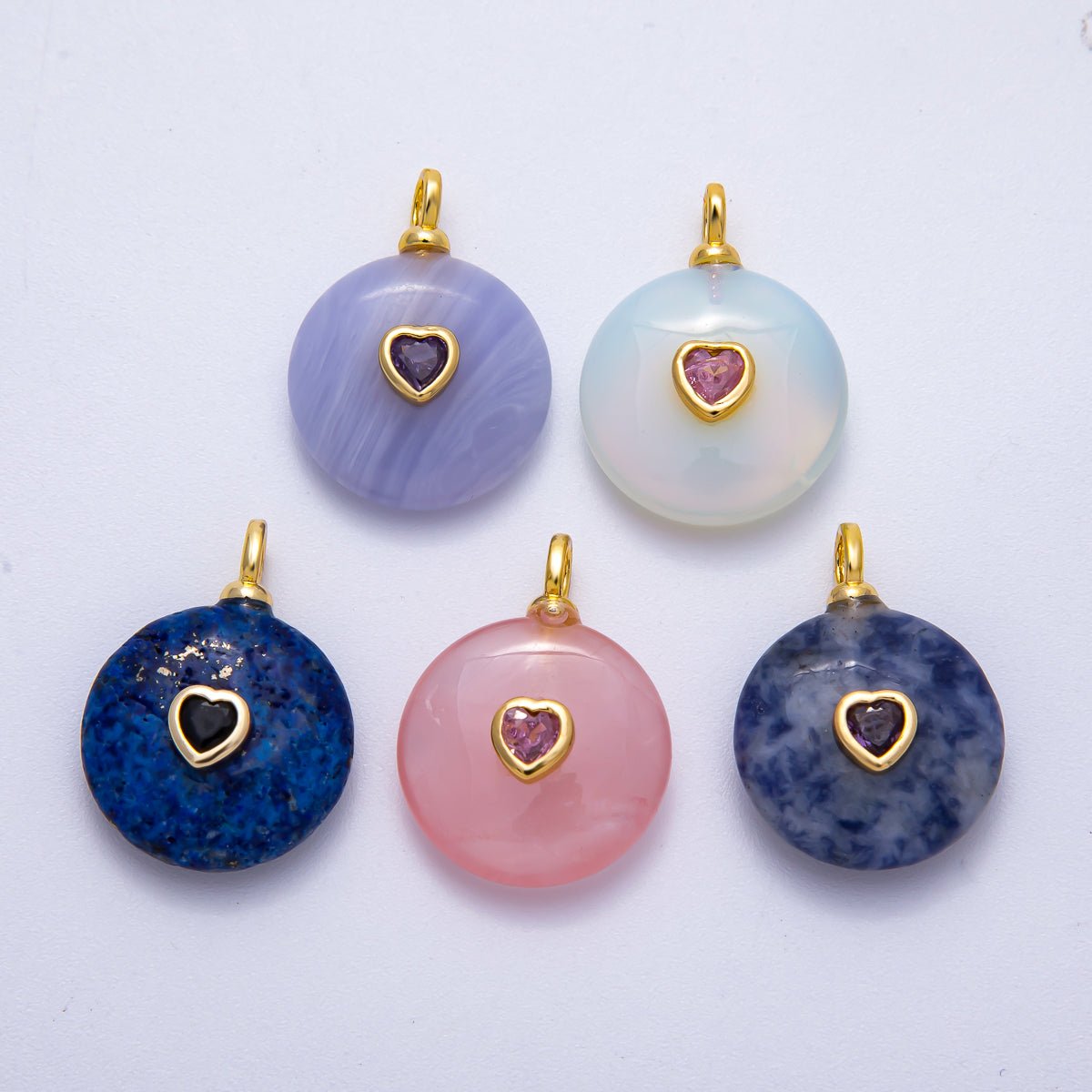 18K Gold Filled 24mm Heart CZ Embedded Natural Gemstone Round Pendant | Charms - 00533 ~ Charms - 00537 - DLUXCA