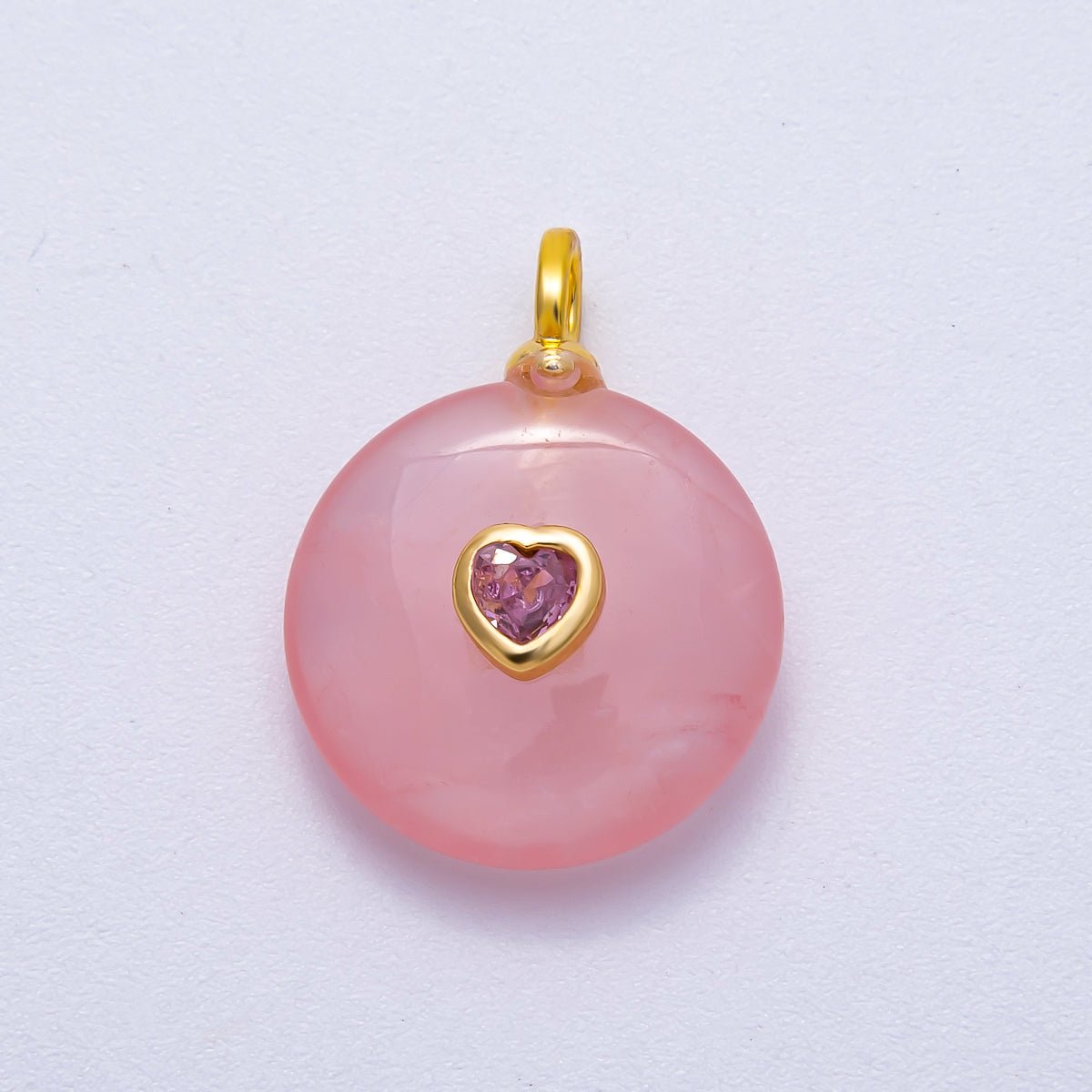 18K Gold Filled 24mm Heart CZ Embedded Natural Gemstone Round Pendant | Charms - 00533 ~ Charms - 00537 - DLUXCA