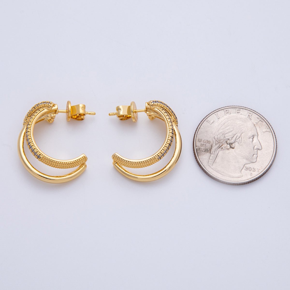 18K Gold Filled 24mm Micro Paved CZ Knot C - Shaped Hoop Set | Earrings - 00193 - DLUXCA