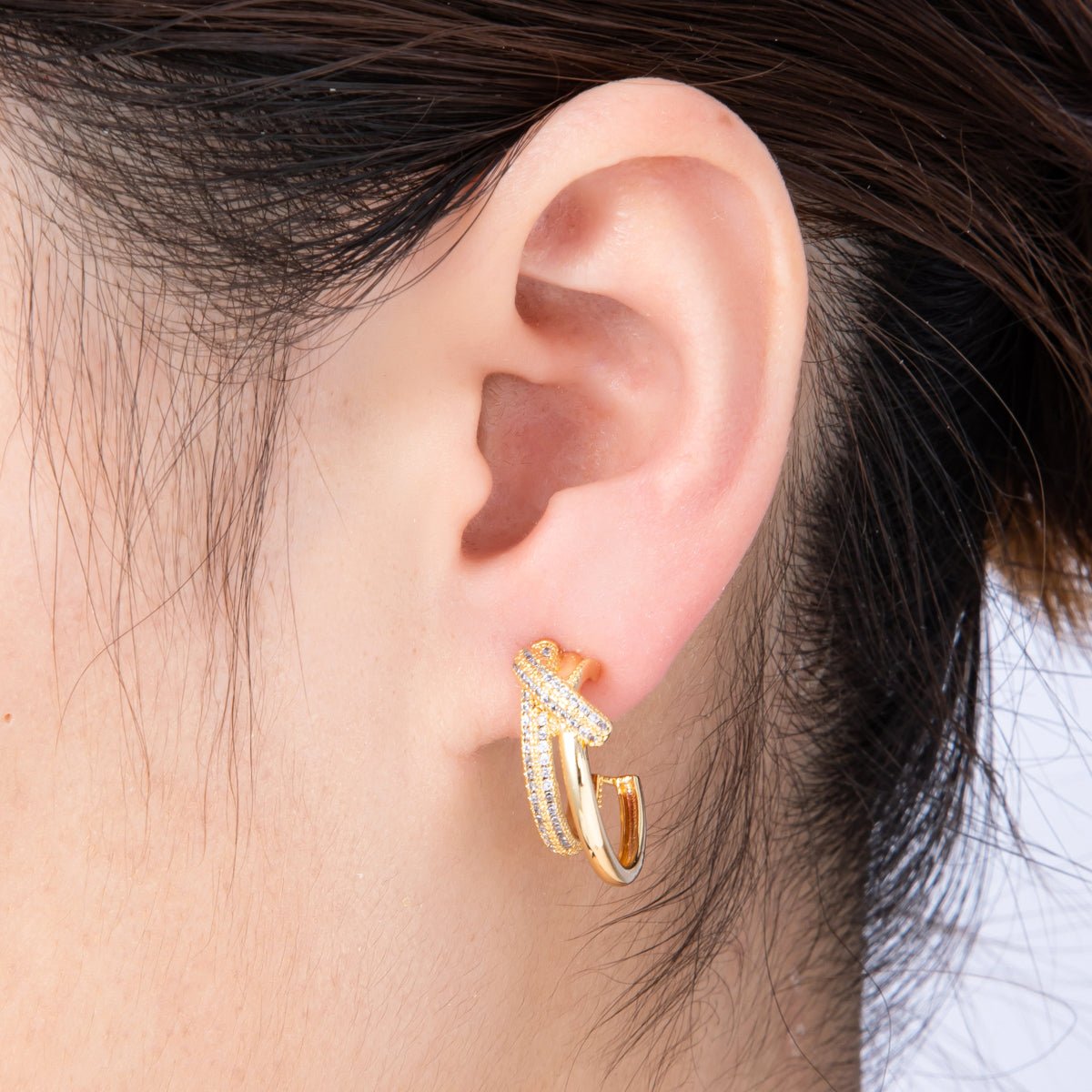 18K Gold Filled 24mm Micro Paved CZ Knot C - Shaped Hoop Set | Earrings - 00193 - DLUXCA