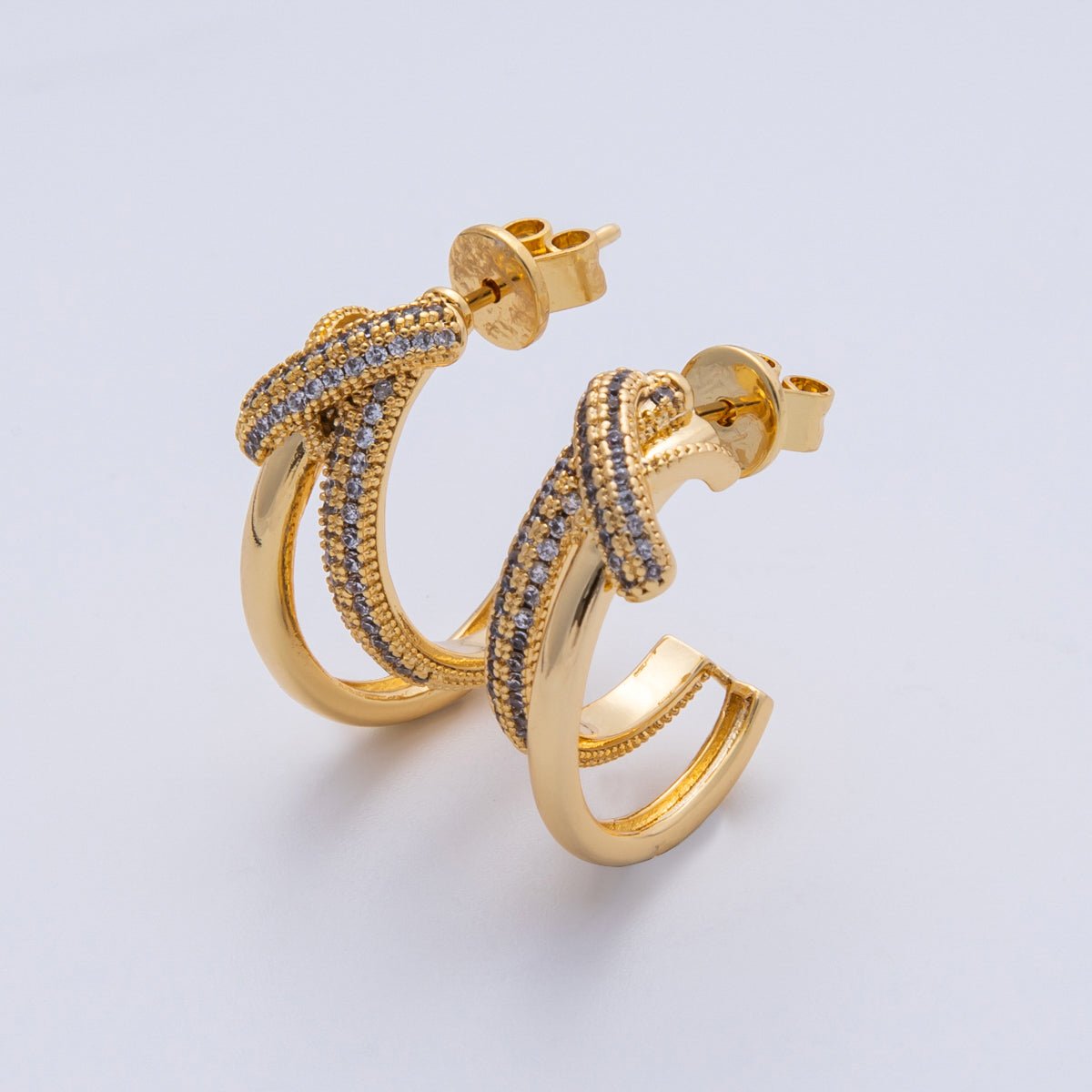18K Gold Filled 24mm Micro Paved CZ Knot C - Shaped Hoop Set | Earrings - 00193 - DLUXCA