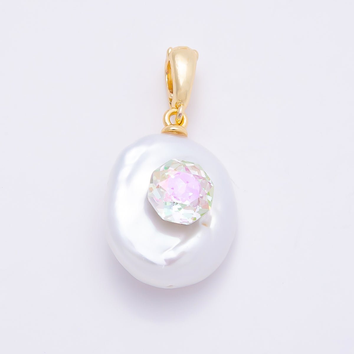 18K Gold Filled 24mm Round, Hexagon CZ Baroque White Freshwater Pearl Pendant | Charms-00941 Charms-00942 - DLUXCA