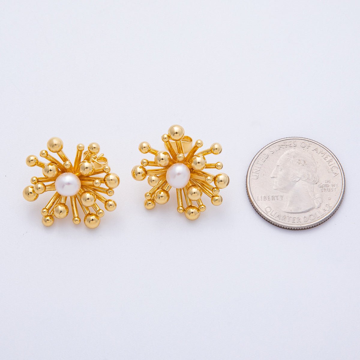 18K Gold Filled 24mm Shell Pearl Bubble Bar Burst Stud Earrings | AD1684 - DLUXCA