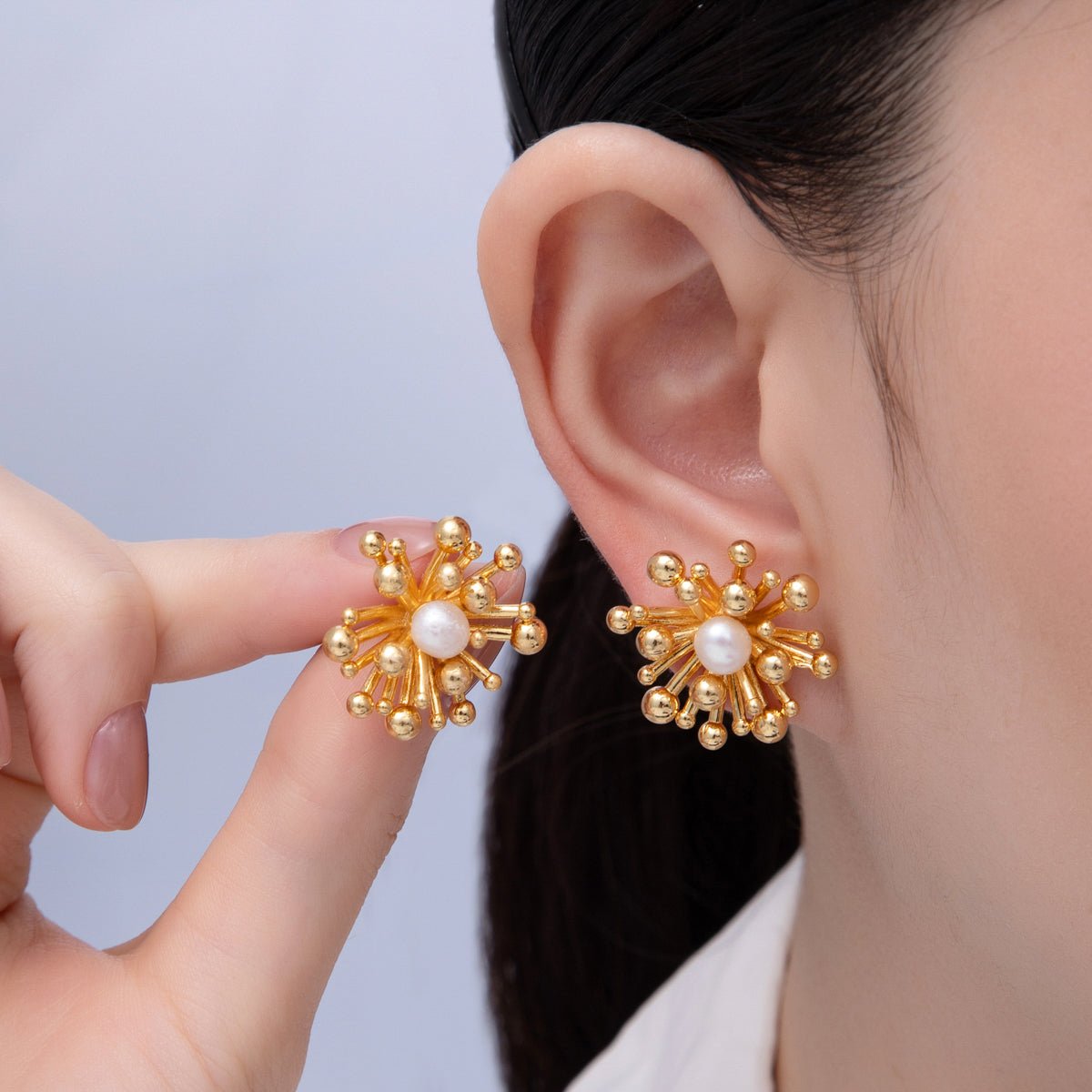 18K Gold Filled 24mm Shell Pearl Bubble Bar Burst Stud Earrings | AD1684 - DLUXCA