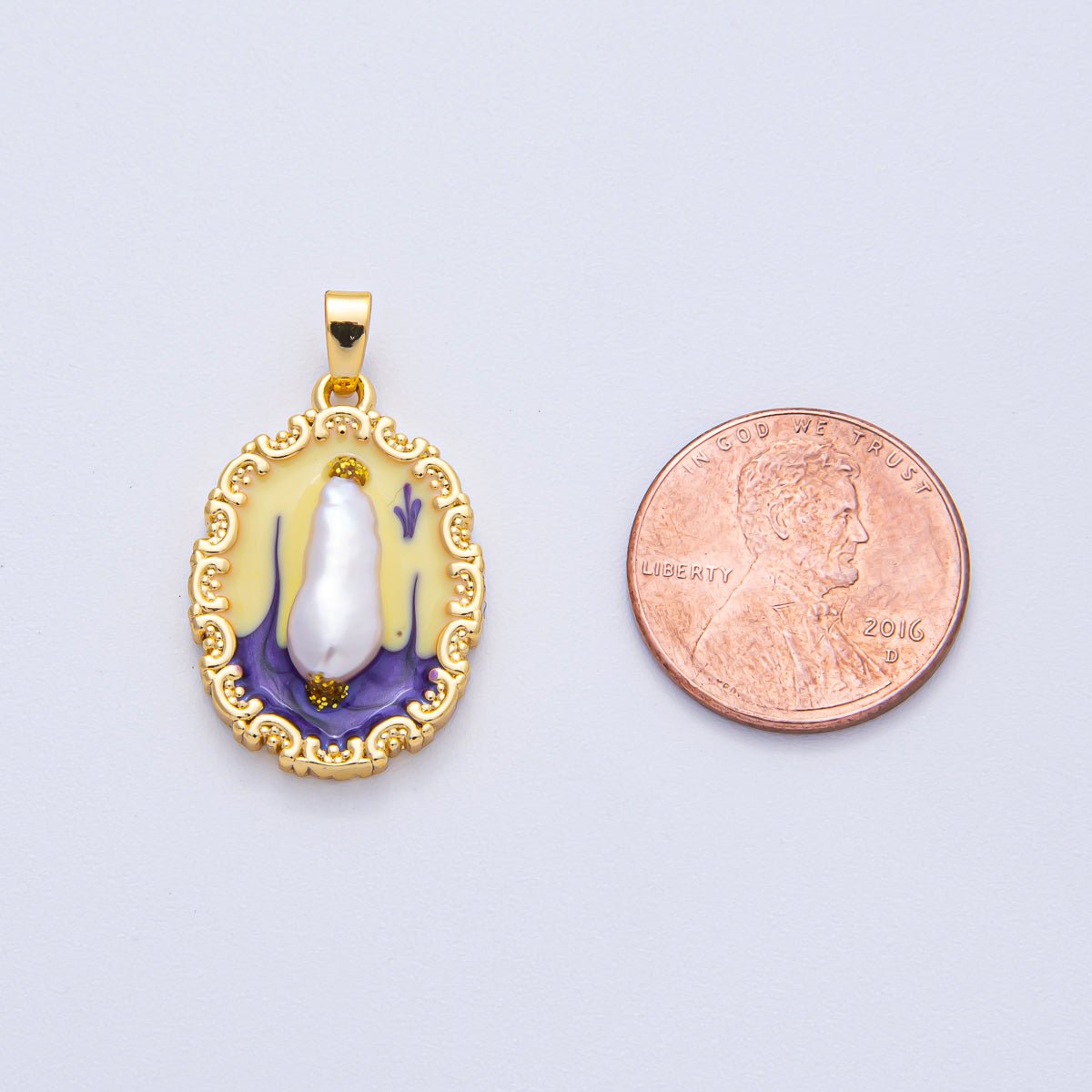 18K Gold Filled 24mm Shell Pearl Yellow Purple Multicolor Enamel Oval Pendant | AF1205 - DLUXCA