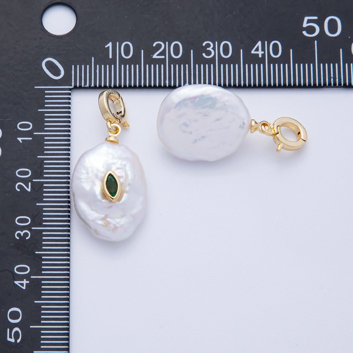 18K Gold Filled 24mm Turquoise, Green CZ Marquise Freshwater Pearl Snap Latch Pendant | AF641 - DLUXCA