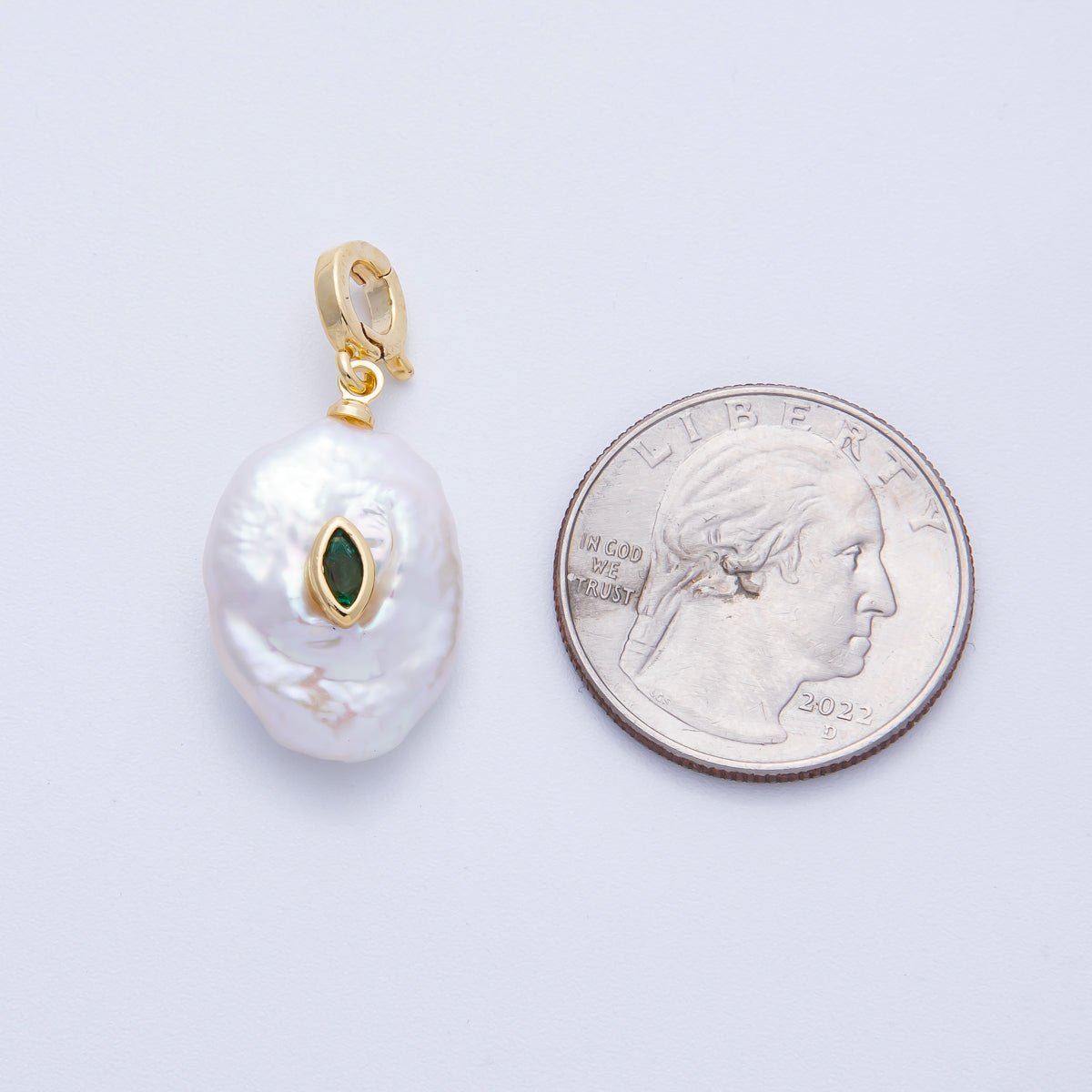 18K Gold Filled 24mm Turquoise, Green CZ Marquise Freshwater Pearl Snap Latch Pendant | AF641 - DLUXCA