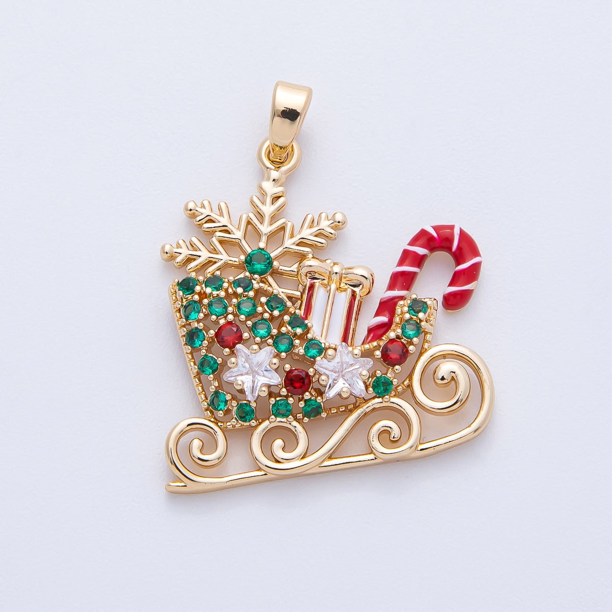 18K Gold Filled 25.5mm Christmas Sled Presents Candy Cane Snow Holiday Pendant | H030 - DLUXCA