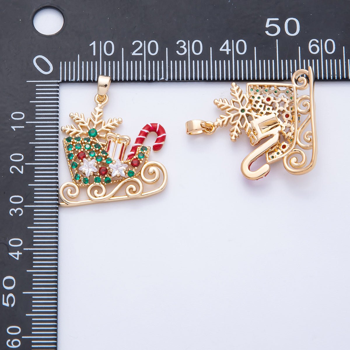 18K Gold Filled 25.5mm Christmas Sled Presents Candy Cane Snow Holiday Pendant | H030 - DLUXCA