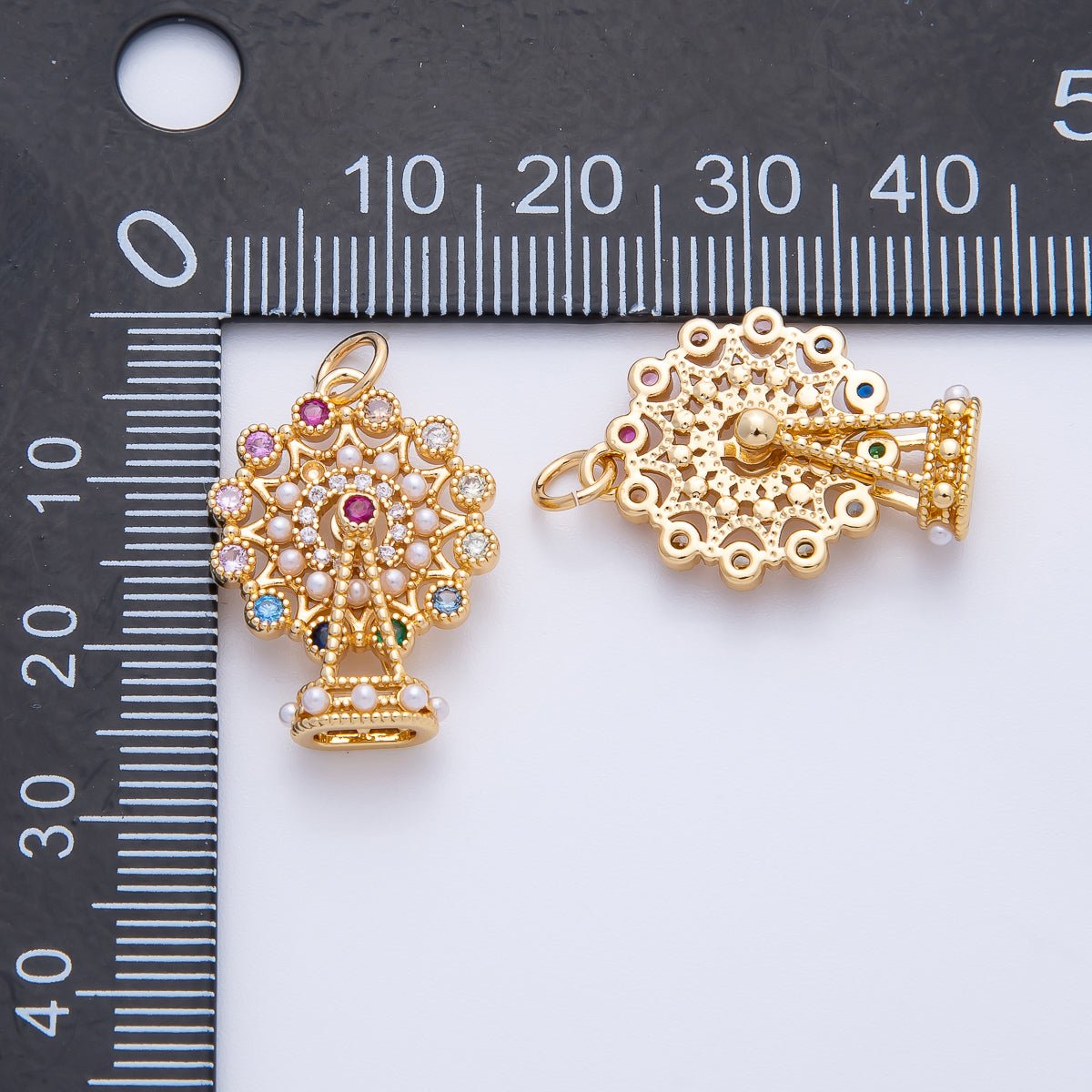 18K Gold Filled 25.5mm Multicolor Round CZ Shell Pearl Big Ferris Wheel Theme Park Pendant | AF1397 - DLUXCA