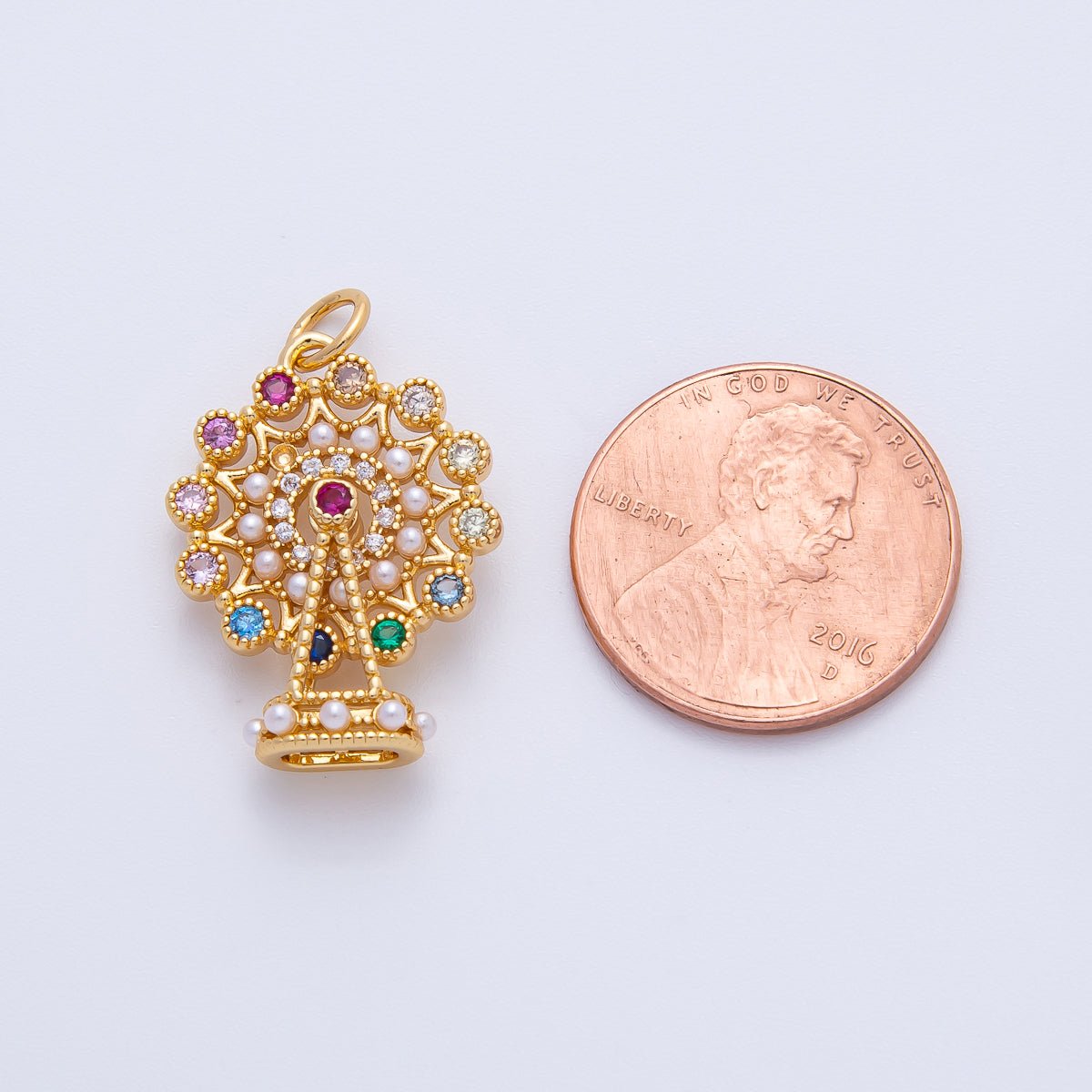 18K Gold Filled 25.5mm Multicolor Round CZ Shell Pearl Big Ferris Wheel Theme Park Pendant | AF1397 - DLUXCA