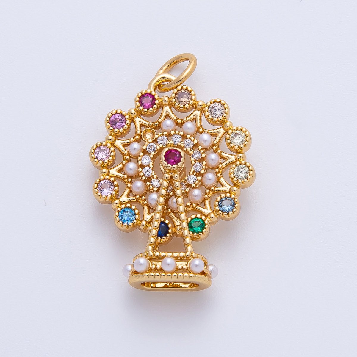18K Gold Filled 25.5mm Multicolor Round CZ Shell Pearl Big Ferris Wheel Theme Park Pendant | AF1397 - DLUXCA
