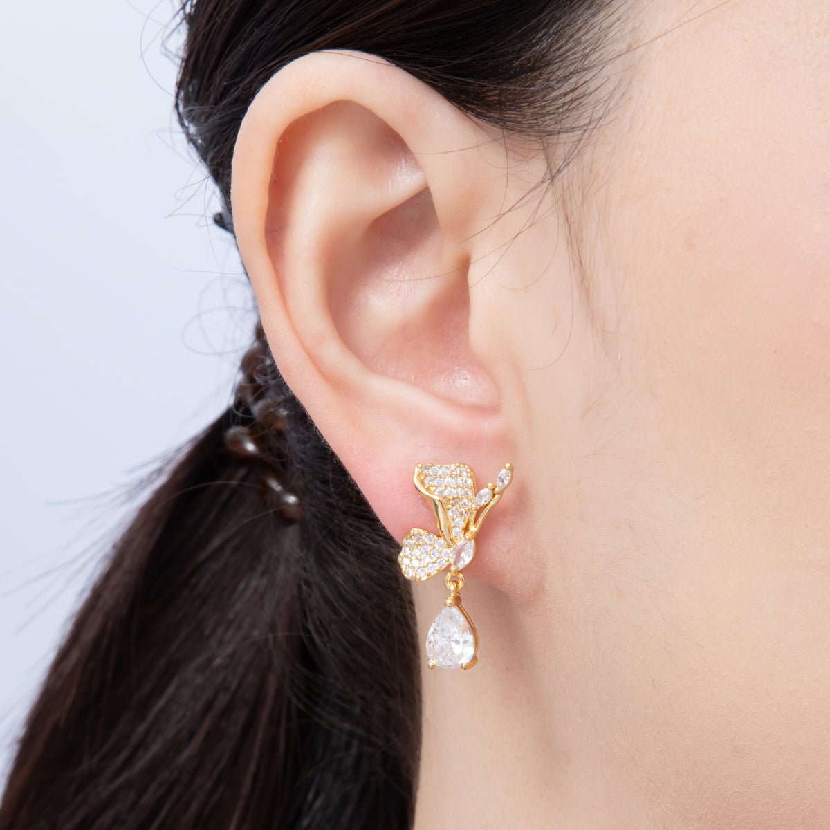 18K Gold Filled 25.8mm Clear CZ Micro Paved CZ Butterfly Stud Earrings Set | Earrings - 00129 - DLUXCA