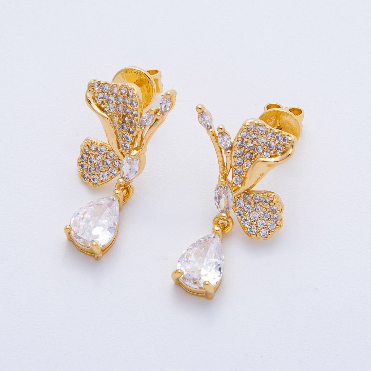 18K Gold Filled 25.8mm Clear CZ Micro Paved CZ Butterfly Stud Earrings Set | Earrings - 00129 - DLUXCA