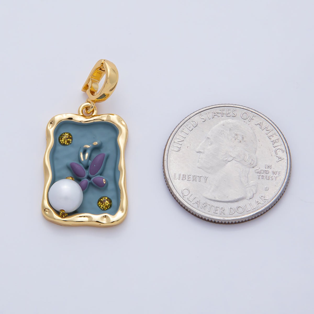 18K Gold Filled 25mm Blue and Purple Enamel Butterfly Mariposa Animals with White Shell Pearl Pendant Charm | AF1193 - DLUXCA