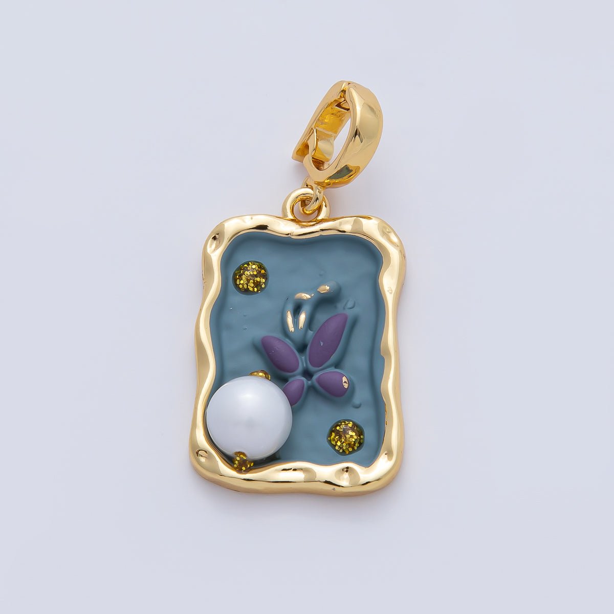 18K Gold Filled 25mm Blue and Purple Enamel Butterfly Mariposa Animals with White Shell Pearl Pendant Charm | AF1193 - DLUXCA