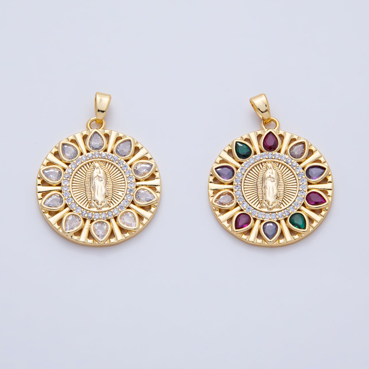 18K Gold Filled 25mm Clear, Multicolor CZ Miraculous Lady Mother Mary Round Pendant | AF1202 - DLUXCA