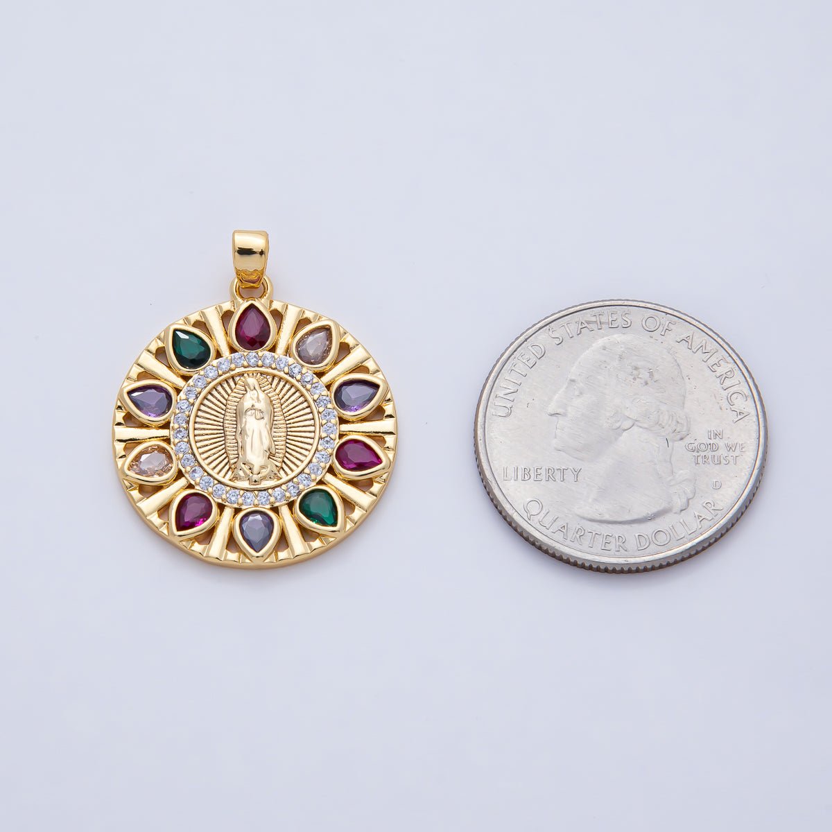18K Gold Filled 25mm Clear, Multicolor CZ Miraculous Lady Mother Mary Round Pendant | AF1202 - DLUXCA