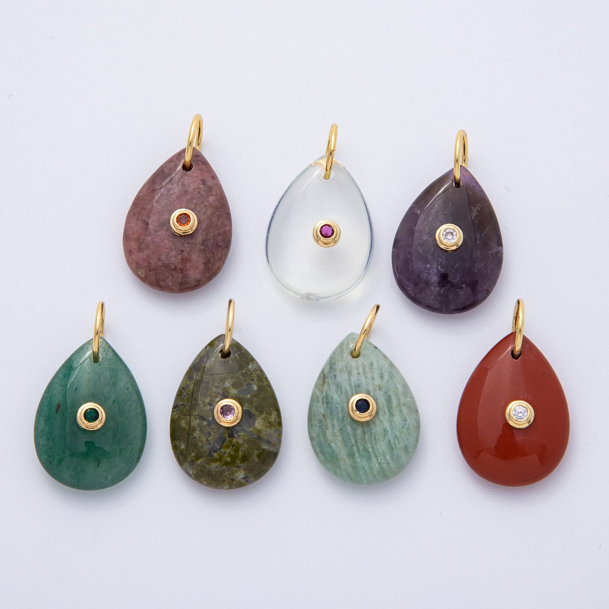 18K Gold Filled 25mm CZ Embedded Natural Gemstone Teardrop Charm | AK109 - AK112 - DLUXCA