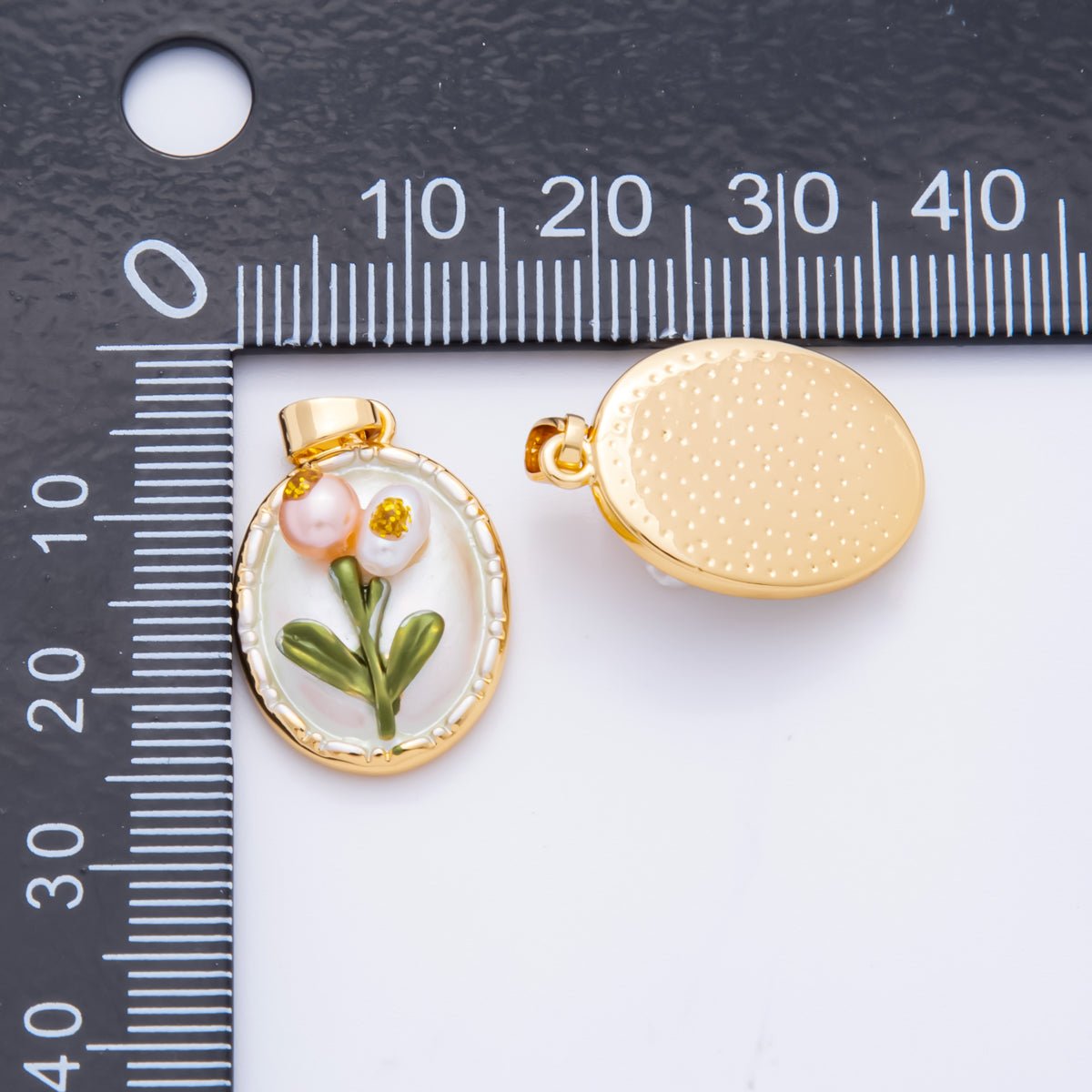 18K Gold Filled 25mm Enamel Art Shell Pearl Blooming Flower Pendant | AH - 812 - DLUXCA