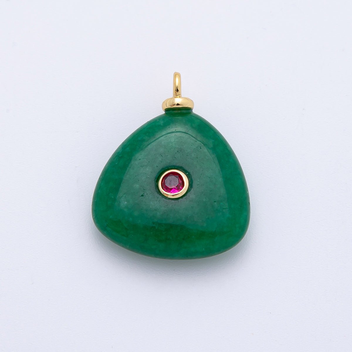 18K Gold Filled 25mm Fuchsia CZ Round Accent Triangle Malaysian Jade Gemstone Drop Charm | AF1328 - DLUXCA