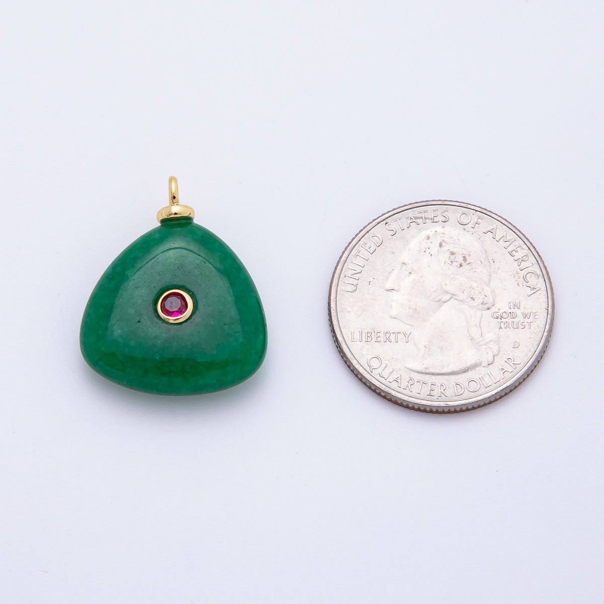 18K Gold Filled 25mm Fuchsia CZ Round Accent Triangle Malaysian Jade Gemstone Drop Charm | AF1328 - DLUXCA