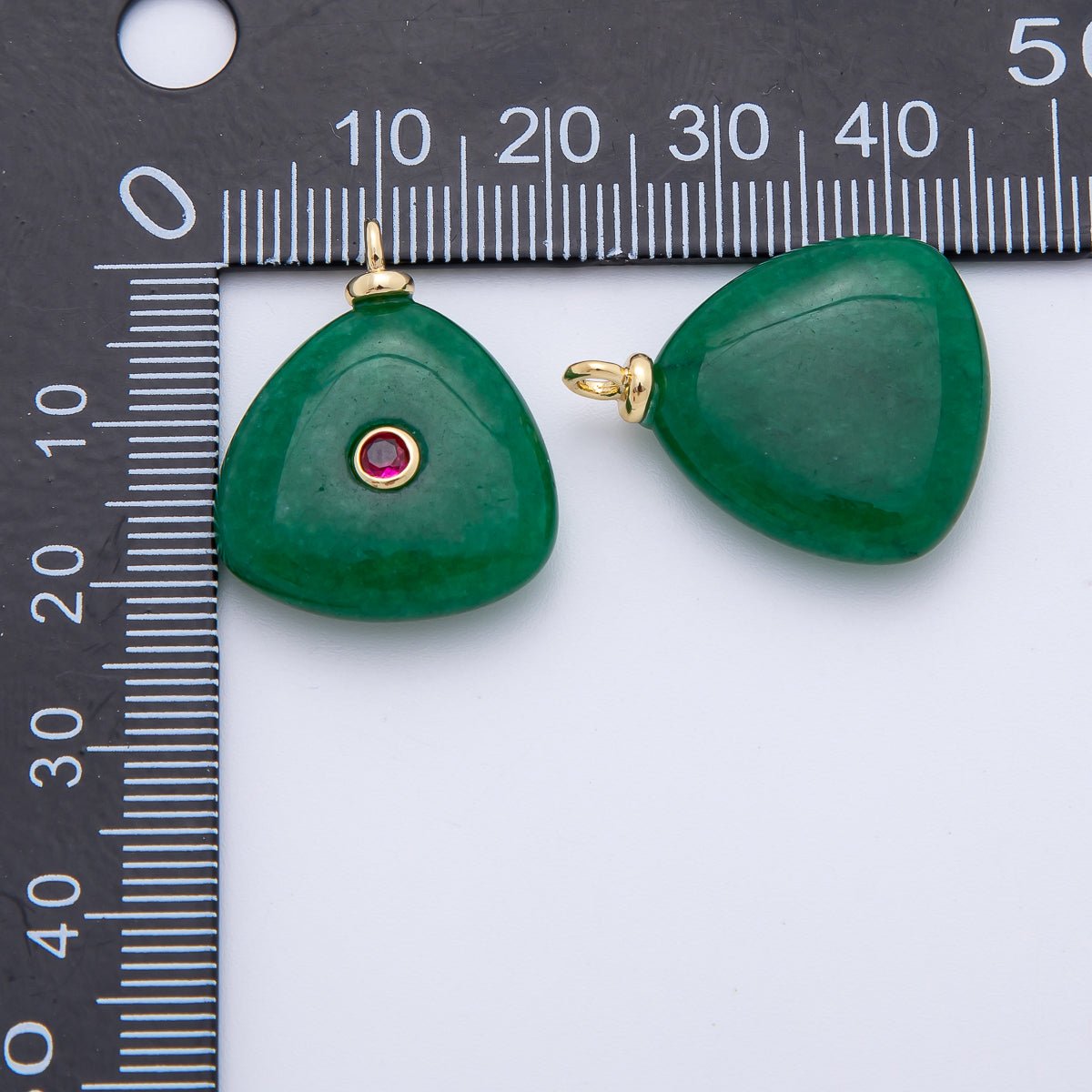 18K Gold Filled 25mm Fuchsia CZ Round Accent Triangle Malaysian Jade Gemstone Drop Charm | AF1328 - DLUXCA