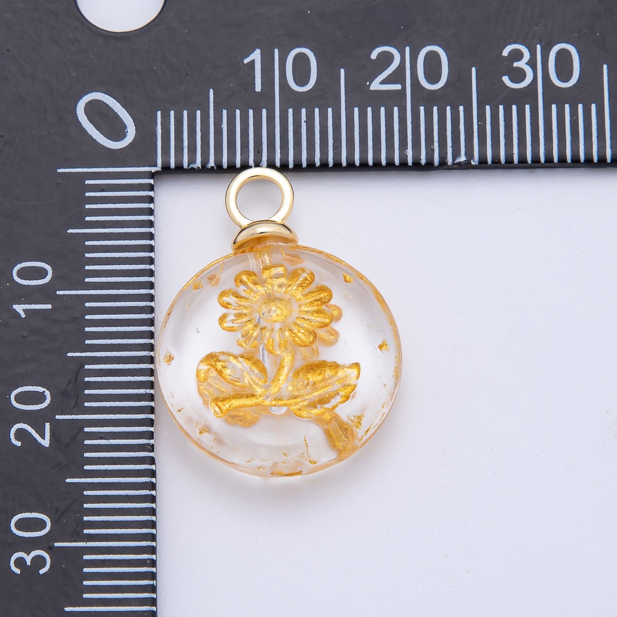 18K Gold Filled 25mm Green, White Gold - Lined Sun Flower Czech Glass Round Charm | AF1348 - DLUXCA