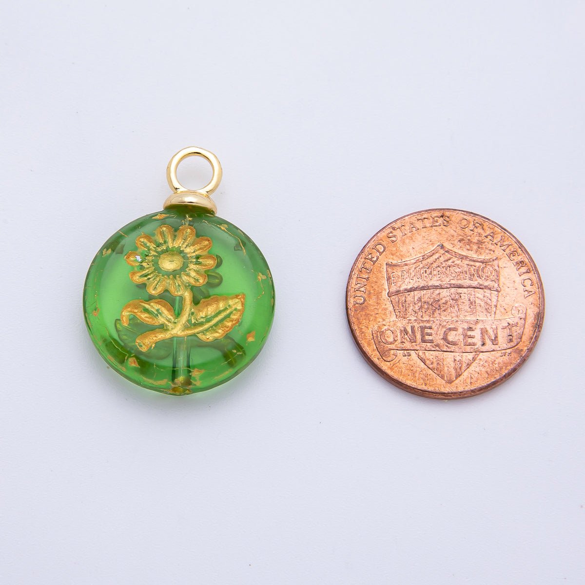 18K Gold Filled 25mm Green, White Gold - Lined Sun Flower Czech Glass Round Charm | AF1348 - DLUXCA