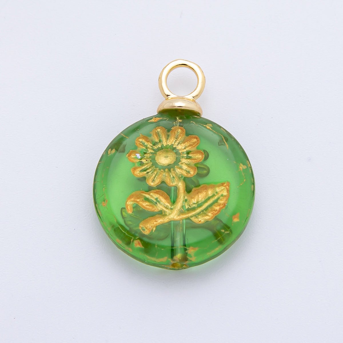 18K Gold Filled 25mm Green, White Gold - Lined Sun Flower Czech Glass Round Charm | AF1348 - DLUXCA