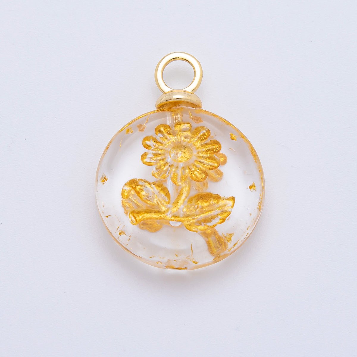 18K Gold Filled 25mm Green, White Gold - Lined Sun Flower Czech Glass Round Charm | AF1348 - DLUXCA