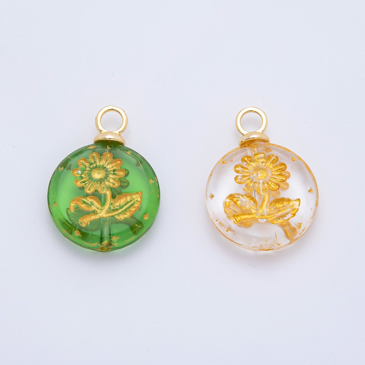 18K Gold Filled 25mm Green, White Gold - Lined Sun Flower Czech Glass Round Charm | AF1348 - DLUXCA