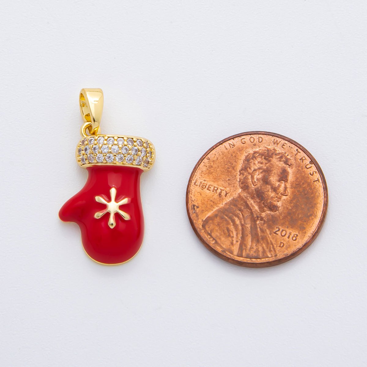 18K Gold Filled 25mm Micro Paved CZ Enamel Red Glove Christmas Mitten Pendant | AF - A1136 - DLUXCA