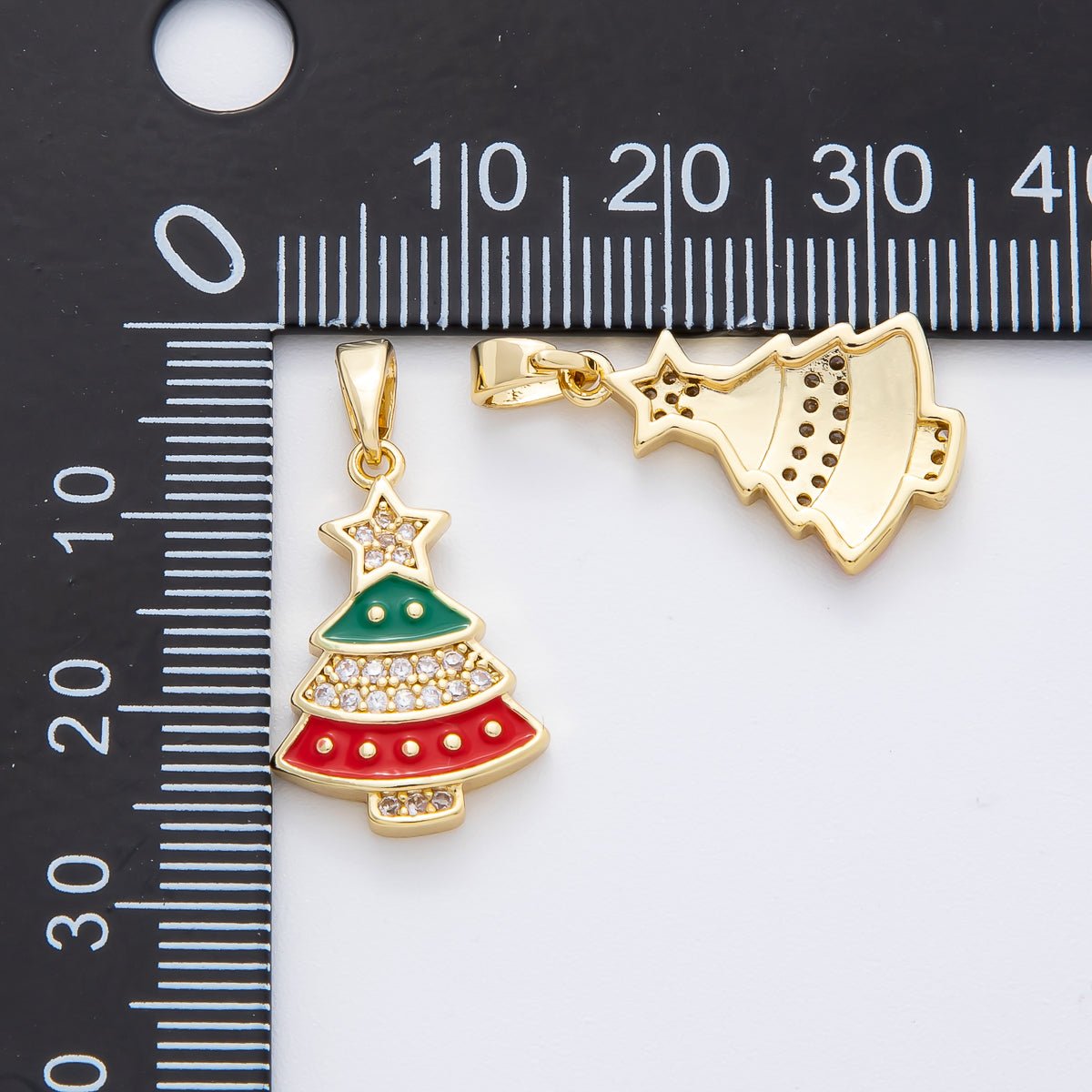 18K Gold Filled 25mm Micro Paved CZ Enamel Red & Green Christmas Tree Pendant | AF - A1139 - DLUXCA