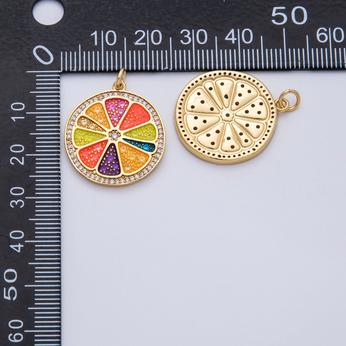 18K Gold Filled 25mm Micro Paved CZ Rainbow Citrus Slice Fruit Medallion Charm | Charms - 00138 - DLUXCA