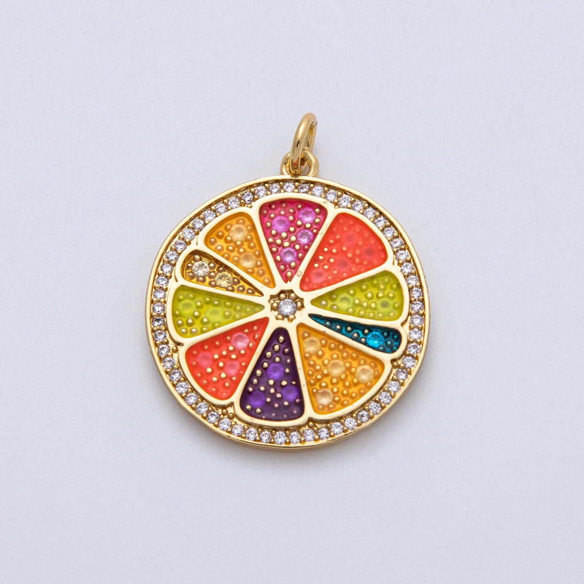 18K Gold Filled 25mm Micro Paved CZ Rainbow Citrus Slice Fruit Medallion Charm | Charms - 00138 - DLUXCA